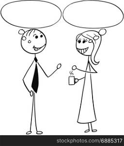 Cartoon stick man illustration of man and woman pair business people talking or chatting with empty speech bubbles balloons.