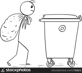 Cartoon stick man illustration of man carry large bag of waste to throe it in to waste container dumpster.
