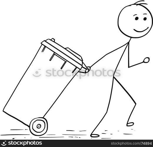 Cartoon stick man illustration of man pulling wheelie bin.