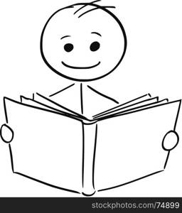 Cartoon stick man illustration of smiling boy or man reading a book.