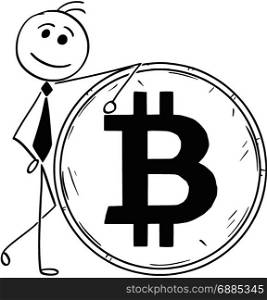 Cartoon stick man illustration of smiling Business man businessman leaning on large bitcoin coin.