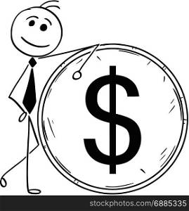 Cartoon stick man illustration of smiling Business man businessman leaning on large dollar coin.