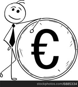 Cartoon stick man illustration of smiling Business man businessman leaning on large euro coin.