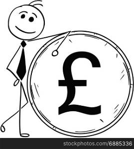 Cartoon stick man illustration of smiling Business man businessman leaning on large pound coin.