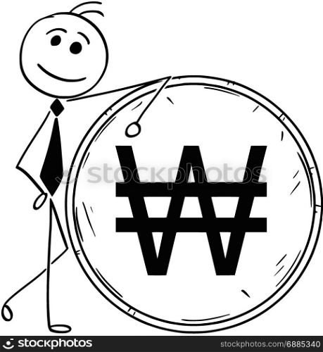 Cartoon stick man illustration of smiling Business man businessman leaning on large won coin.