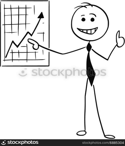Cartoon stick man illustration of smiling business man businessman pointing at wall graph chart and thumb up.