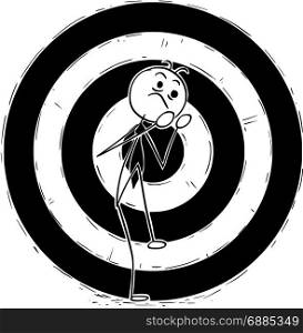 Cartoon stick man illustration of smiling business man businessman standing in front of large dartboard target.