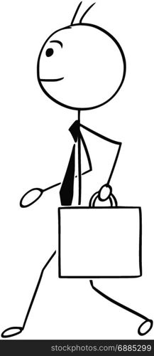 Cartoon stick man illustration of smiling business man businessman walking with briefcase case.