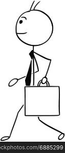 Cartoon stick man illustration of smiling business man businessman walking with briefcase case.