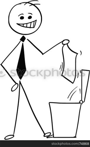 Cartoon stick man illustration of smiling businessman throwing paper with idea, proposal or agreement in to trash can.