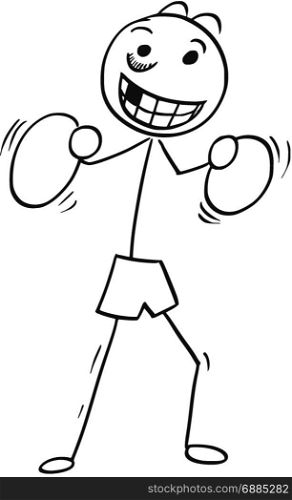 Cartoon stick man illustration of smiling man boxer in box pose with boxing gloves.
