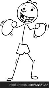 Cartoon stick man illustration of smiling man boxer in box pose with boxing gloves.