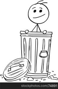 Cartoon stick man illustration of smiling man poking out of the dustbin garbage can.