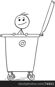 Cartoon stick man illustration of smiling man poking out of the waste container dumpster.