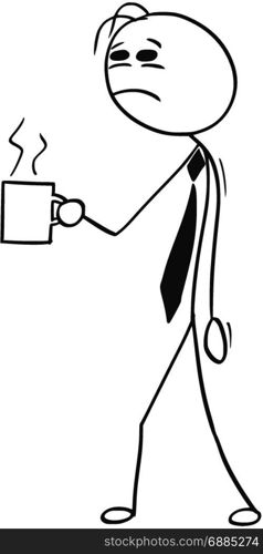 Cartoon stick man illustration of tired business man businessman walking with cup mug of coffee.