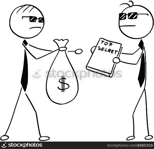 Cartoon stick man illustration of two agents spies business men selling changing top secret for bag of money.