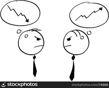 Cartoon stick man illustration of two businessman arguing about economy growth and slump.