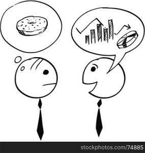 Cartoon stick man illustration of two businessman, one talking about chart and graph, second thinking about donut doughnut break.