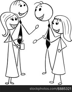 Cartoon stick man illustration of two men and women pairs business people talking or chatting.