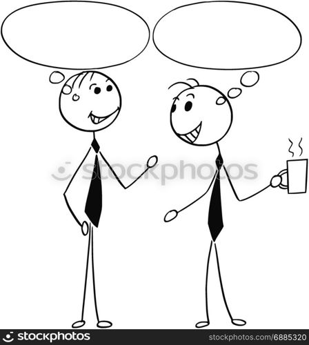 Cartoon stick man illustration of two men male business people talking or chatting with empty speech bubbles balloons.