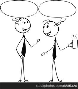 Cartoon stick man illustration of two men male business people talking or chatting with empty speech bubbles balloons.