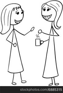 Cartoon stick man illustration of two women pair business people talking or chatting.
