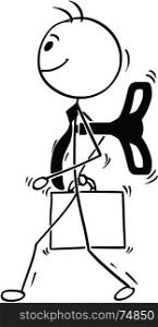 Cartoon stick man illustration of windup wind-up business man walking with key on his back.
