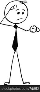 Cartoon stick man illustration of worried businessman looking at his watch.