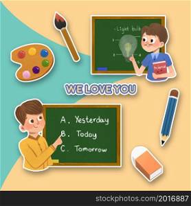 Cartoon sticker with teacher&rsquo;s day concept design for marketing and logo watercolor vector illustration