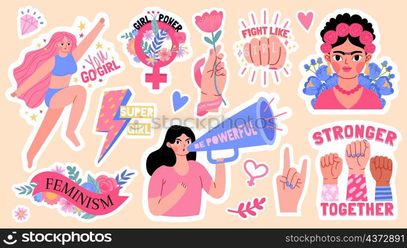 Cartoon stickers with feminism symbol and quote, girl power. Women rights activist. Frida kahlo. Feminist strong female character vector set. Illustration of girl feminism motivation phrase. Cartoon stickers with feminism symbol and quote, girl power. Women rights activist. Frida kahlo. Feminist strong female character vector set