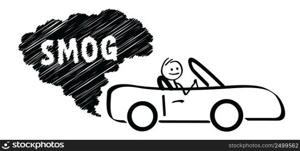 Cartoon stickman in cars and traffic CO2 clouds. traffic exhaust pollution icon. Vector pictogram or symbol. Car with smog. CO2 emissions. Carbon dioxide. Climate change.  NOx or nitrogen oxides.
