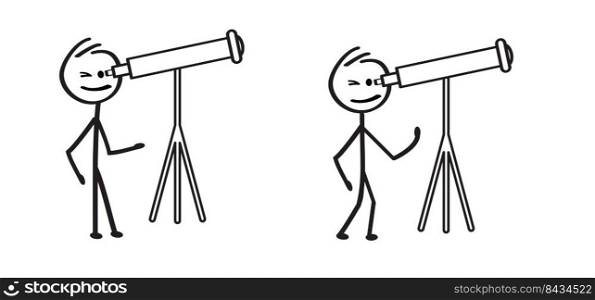 Cartoon stickman, stick figure man looking through telescope to the stars. Telescope icon or logo. Spyglass tool symbol. portable three legged telescopes. Astronomy telescope looking at the star.