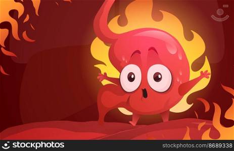 Cartoon stomach character burning in fire. Acid reflux, heartburn and gastritis concept with indigestion system abdomen pain problems. Cute unhealthy mascot suffer of stomachache, Vector illustration. Cartoon stomach character burning of heartburn