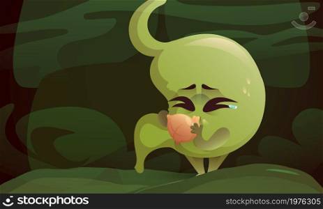 Cartoon stomach nausea and vomiting, unhealthy character of green color breathing in paper bag, Food poisonous, pregnancy medicine concept with cute mascot swollen abdomen organ Vector illustration. Cartoon stomach nausea and vomiting, poisonous