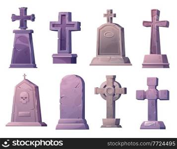 Cartoon stone grave crosses and gravestones. Graveyard crosses and scary tombstones, cemetery vector gothic gravestones with human skull, plate and cracks, celtic ringed high cross on pedestal. Cartoon stone grave crosses and gravestones