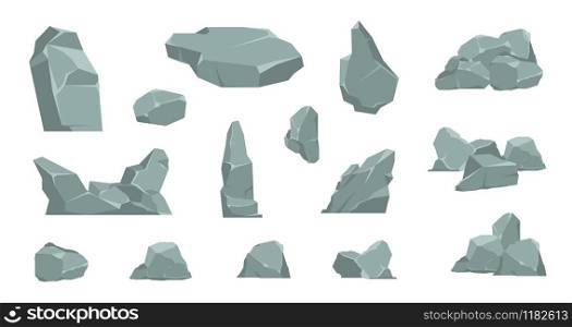 Cartoon stones. Cartoon pile of rocks, gravel elements and granite boulder, flat isometric concrete and coil. Vector 3D flat set isolated boulders for building on white background in games. Cartoon stones. Cartoon pile of rocks, gravel elements and granite boulder, flat isometric concrete and coil. Vector 3D flat set