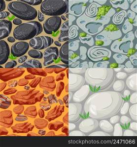 Cartoon stones seamless patterns set with plants and rocks of different shapes colors and materials vector illustration. Cartoon Stones Seamless Patterns Set