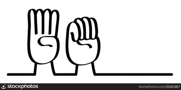 Cartoon stop hand, domestic violence, insecurity. Hand gesture. The violence at home signal for help symbol. October, awareness month icon or pictogram.