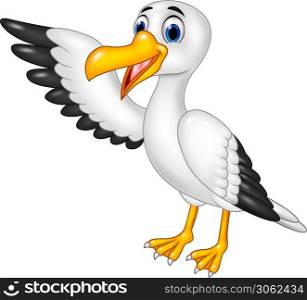 Cartoon stork bird presenting. Isolated on white background