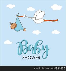 Cartoon stork in sky with baby. Design template for greeting card, baby shower invitation, banner. Congratulations to the newborn boy. Vector illustration in flat style.. Cartoon stork in sky with baby. Design template for greeting card, baby shower invitation, banner. Congratulations to the newborn. Vector illustration in flat style.