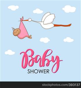 Cartoon stork in sky with baby. Design template for greeting card, baby shower invitation, banner. Congratulations to the newborn girl. Vector illustration in flat style.. Cartoon stork in sky with baby. Design template for greeting card, baby shower invitation, banner. Congratulations to the newborn. Vector illustration in flat style.