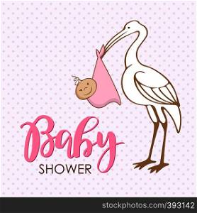 Cartoon stork with baby. Design template for greeting card, baby shower invitation, banner. Congratulations to the newborn girl. Vector illustration in flat style.. Cartoon stork with baby. Design template for greeting card, baby shower invitation, banner. Congratulations to the newborn. Vector illustration in flat style.