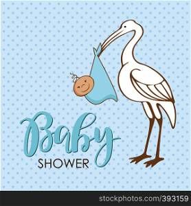 Cartoon stork with baby. Design template for greeting card, baby shower invitation, banner. Congratulations to the newborn boy. Vector illustration in flat style.. Cartoon stork with baby. Design template for greeting card, baby shower invitation, banner. Congratulations to the newborn. Vector illustration in flat style.