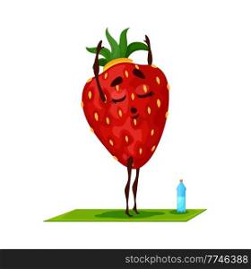 Cartoon strawberry fruit character in yoga exercise, vector berry personage. Funny strawberry making a yoga meditation, healthy fitness food emoticon, fitness, power and energy. Cartoon strawberry fruit character, yoga exercise