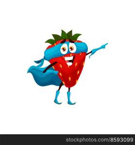 Cartoon strawberry superhero persona≥, vector fruit food. Funny berry guard character in super hero costume, blue mask, cape and gloves, brave and strong strawberry emoji. Cartoon strawberry superhero persona≥, fruit food