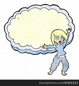 cartoon stressed woman in front of cloud with space for text