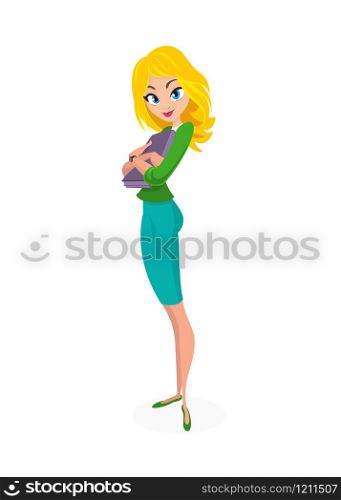 Cartoon student girl. Vector illustration of woman in blue casual dress and yellow shirt.