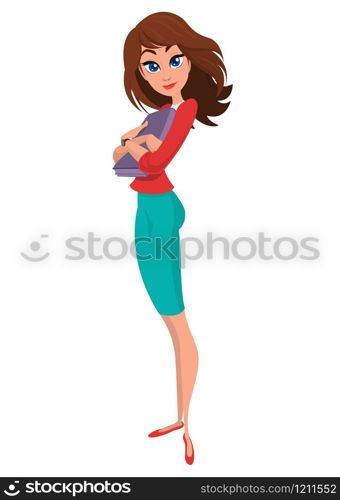 Cartoon student girl. Vector illustration of woman in blue casual dress and yellow shirt.