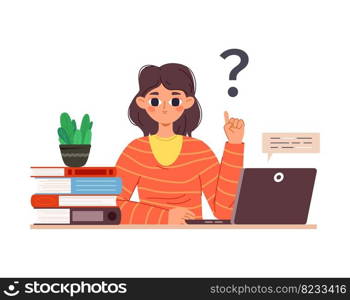 Cartoon student looking answers in books and computer. Teen girl has questions, young adult education or study. Teenager think vector character child sitting with solution illustration. Cartoon student looking answers in books and computer. Teen girl has questions, young adult education or study. Teenager think vector character