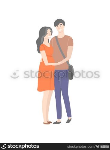Cartoon students in love, male and female isolated characters flat style. Vector guy with bag over shoulder and brunette girl in red dress, teenage people. Cartoon Students in Love, Male and Female Isolated